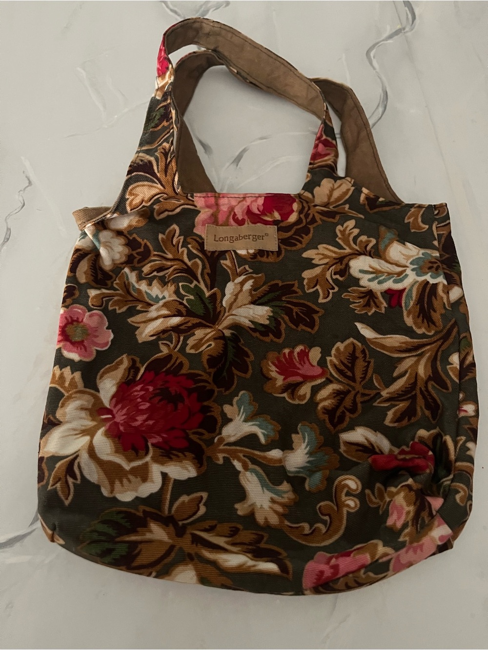 Longaberger Olive Floral Tote with Red and Pink Blooms